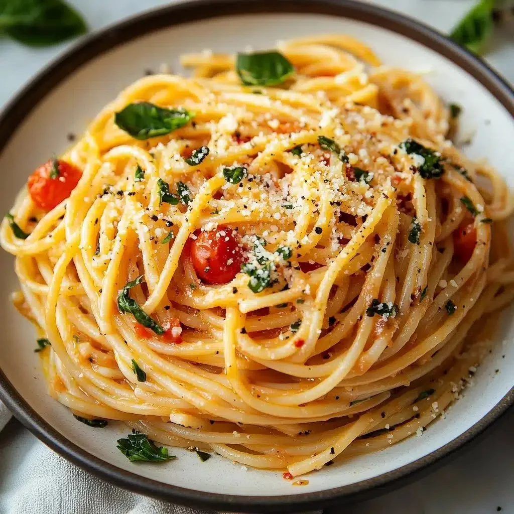 A bowl of creamy tomato butter pasta garnished with fresh basil.