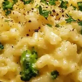 One-pot creamy broccoli cheddar rice dish with broccoli and cheese