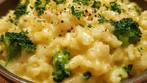 One-pot creamy broccoli cheddar rice dish with broccoli and cheese