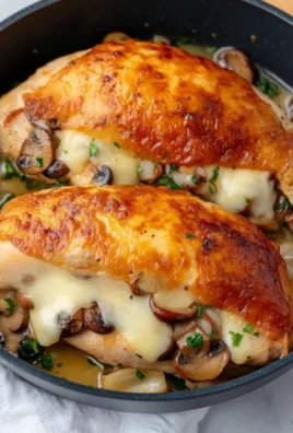 Delicious mushroom stuffed chicken breast garnished with herbs and served on a plate.