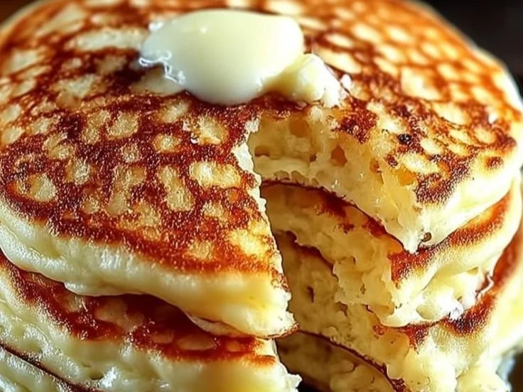 Flourless cottage cheese pancakes on a plate with fresh fruit and syrup