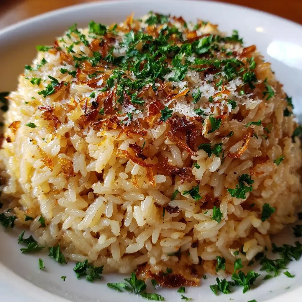 Delicious Garlic Parmesan Rice garnished with herbs