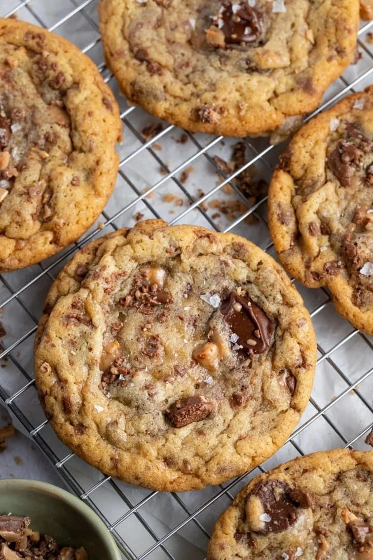 Freshly baked Heath Bar Cookies with chocolate and toffee chunks