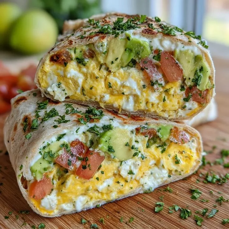 High-protein breakfast wrap with cottage cheese and avocado on a plate