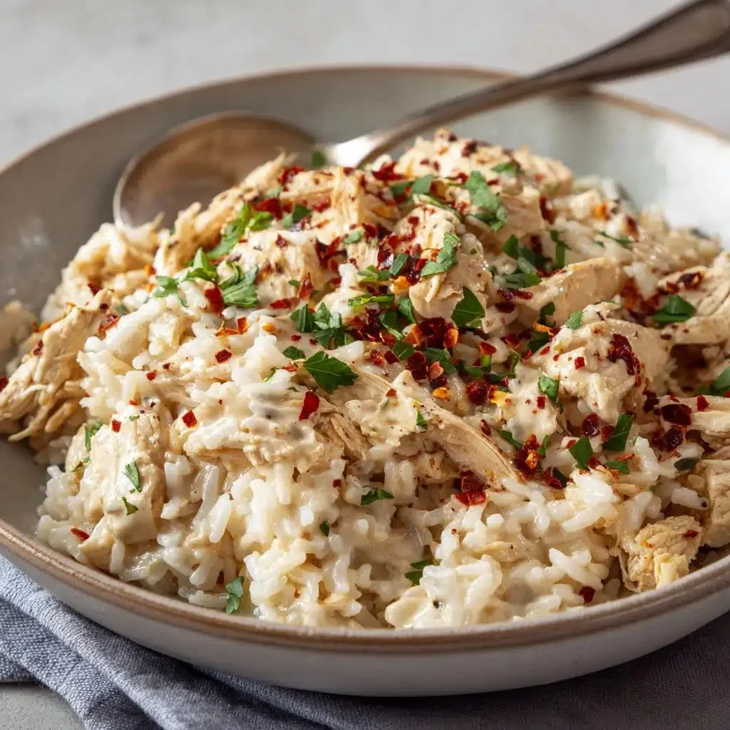 Bowl of Instant Pot creamy chicken and rice with herbs and spices