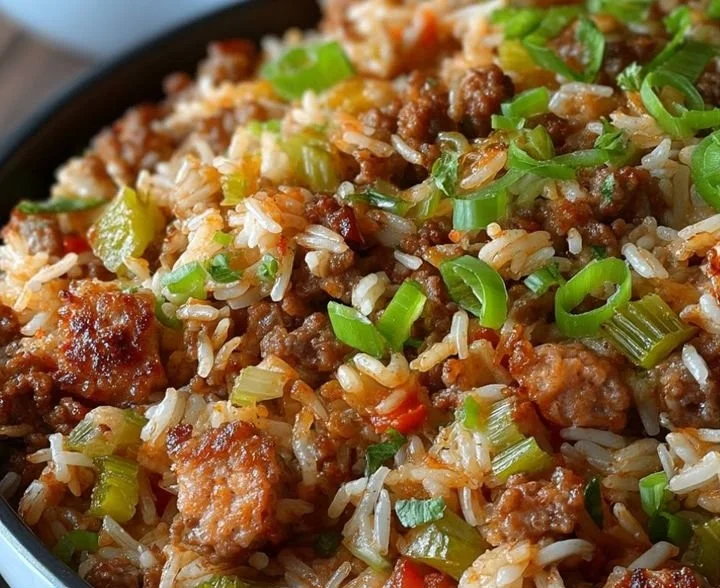 Bowl of Jailhouse Rice with colorful ingredients and spices.