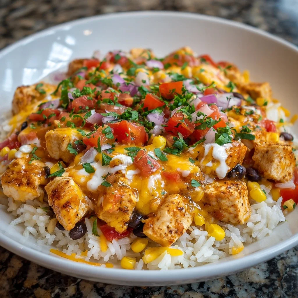 One-Pot Cheesy Southwest Chicken served with rice and toppings