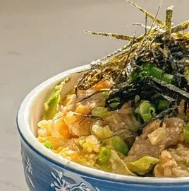Delicious One Pot Oyakodon served in a bowl with eggs and chicken