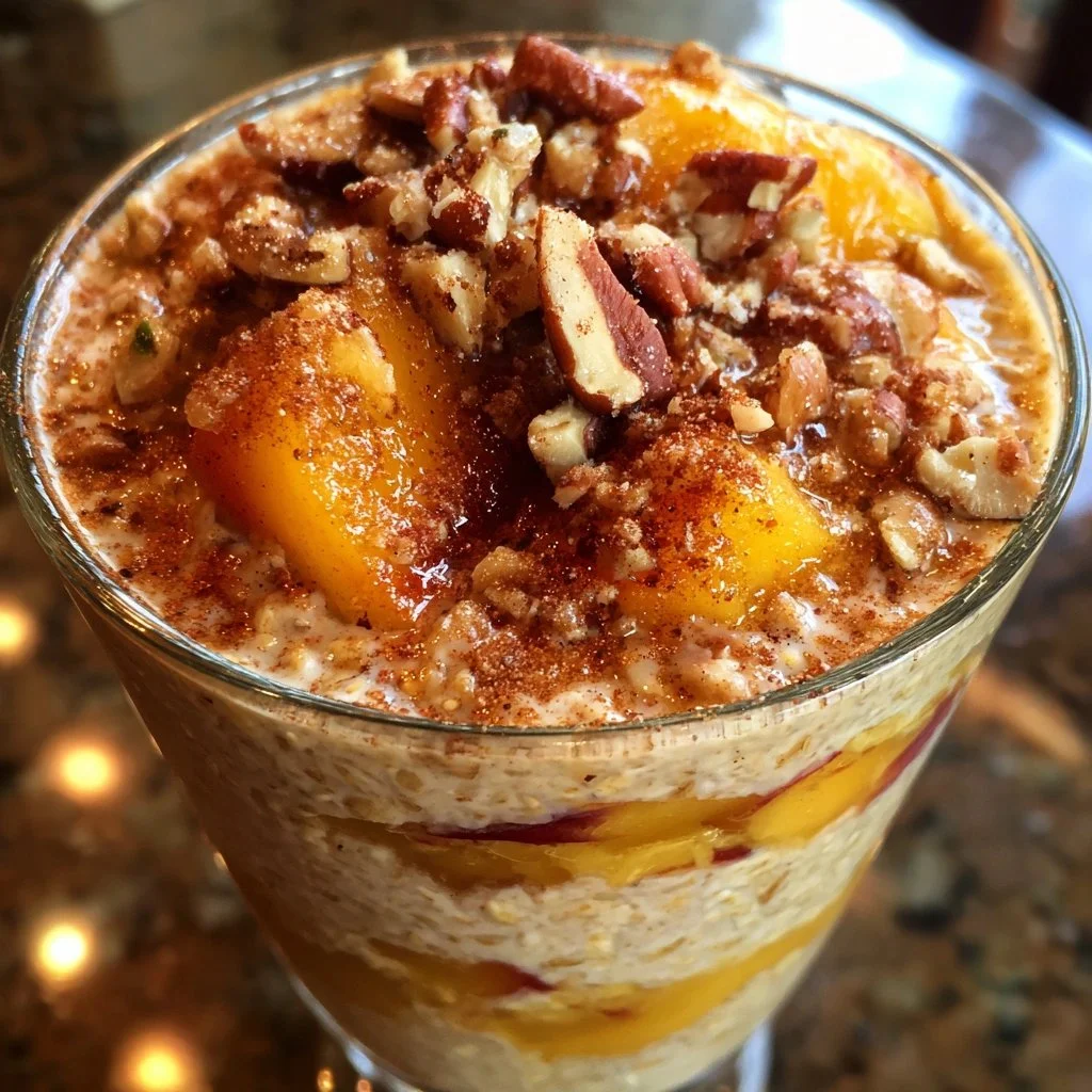 Bowl of peach cobbler overnight oats topped with fresh peaches and cinnamon
