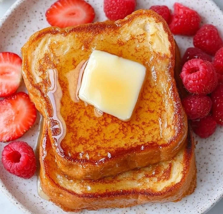 Perfectly cooked vanilla french toast served with syrup and berries