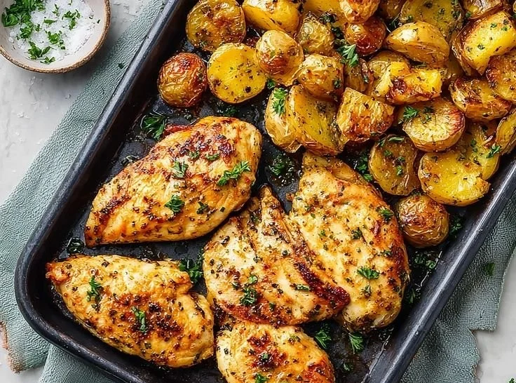 Ranch sheet pan chicken with potatoes ready to serve