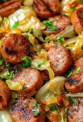 Delicious sausage and cabbage stir fry served in a skillet with colorful vegetables.
