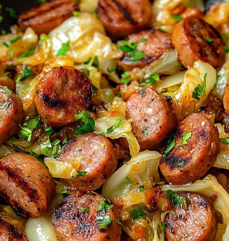 Delicious sausage and cabbage stir fry served in a skillet with colorful vegetables.