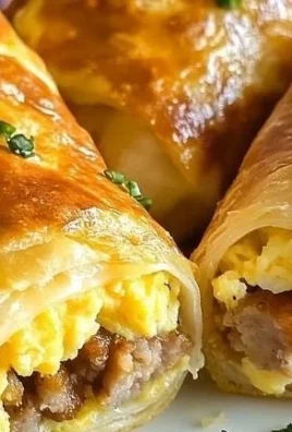 Sausage, egg, and cheese breakfast roll-ups on a plate with garnishes