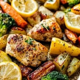 Sheet Pan Lemon Herb Chicken with colorful vegetables ready to serve