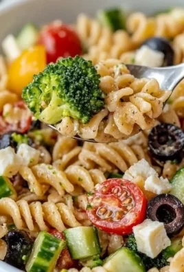 Simple high protein pasta salad with vegetables and dressing