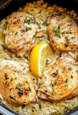 Slow cooker lemon herb chicken served with rice garnished with herbs