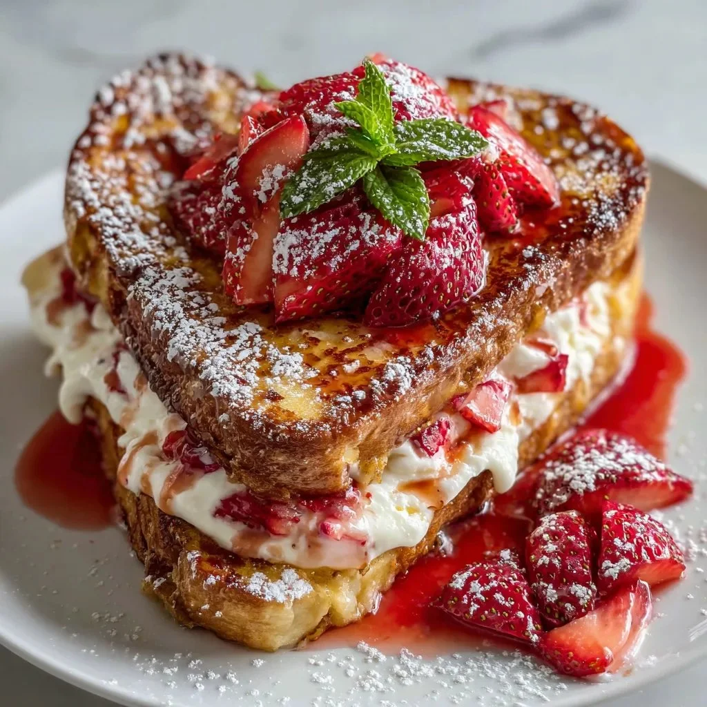 Delicious Strawberry Cheesecake Stuffed French Toast topped with strawberries