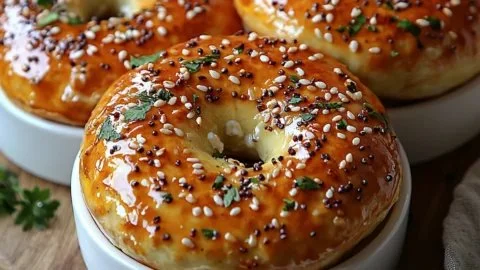 Homemade 3 Ingredient Cottage Cheese Protein Bagels on a wooden board