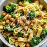 Bowl of broccoli chickpea pasta drizzled with garlic olive oil