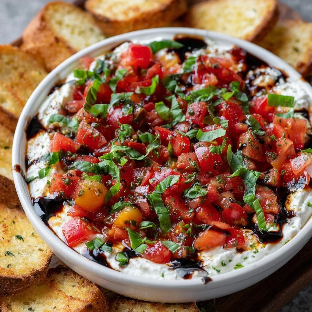 Delicious bruschetta dip served with crispy bread for a perfect party snack.