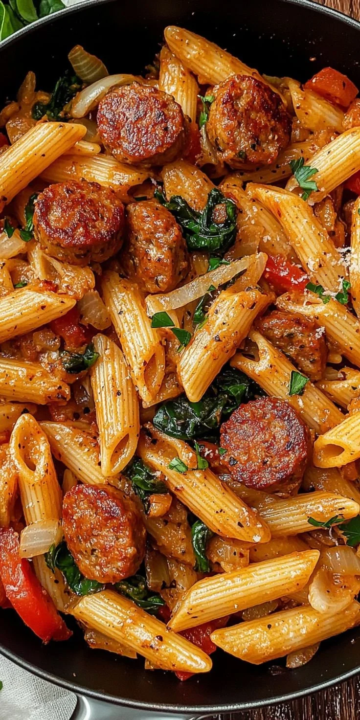 Delicious Cajun Sausage Pasta with spicy sausage, vegetables, and creamy sauce.