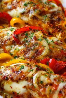 Cheesy baked chicken with roasted peppers served on a plate