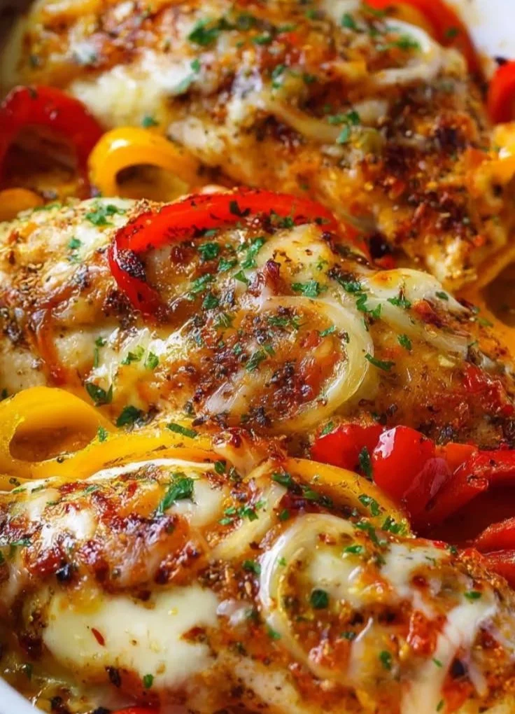 Cheesy baked chicken with roasted peppers served on a plate