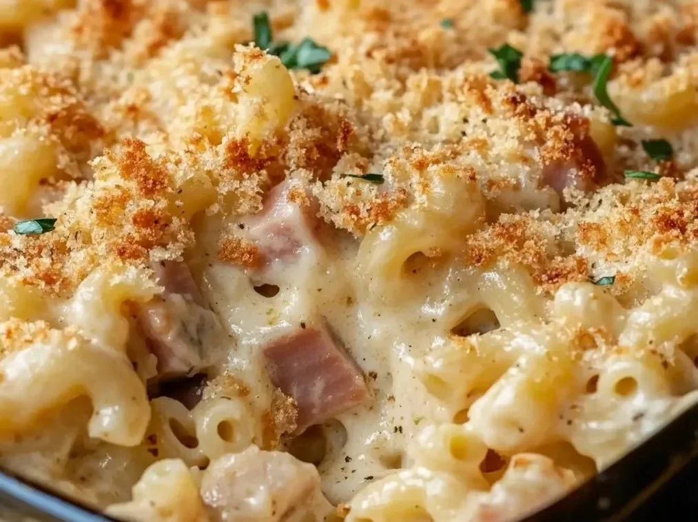 Delicious Chicken Cordon Bleu Casserole dish ready to serve.