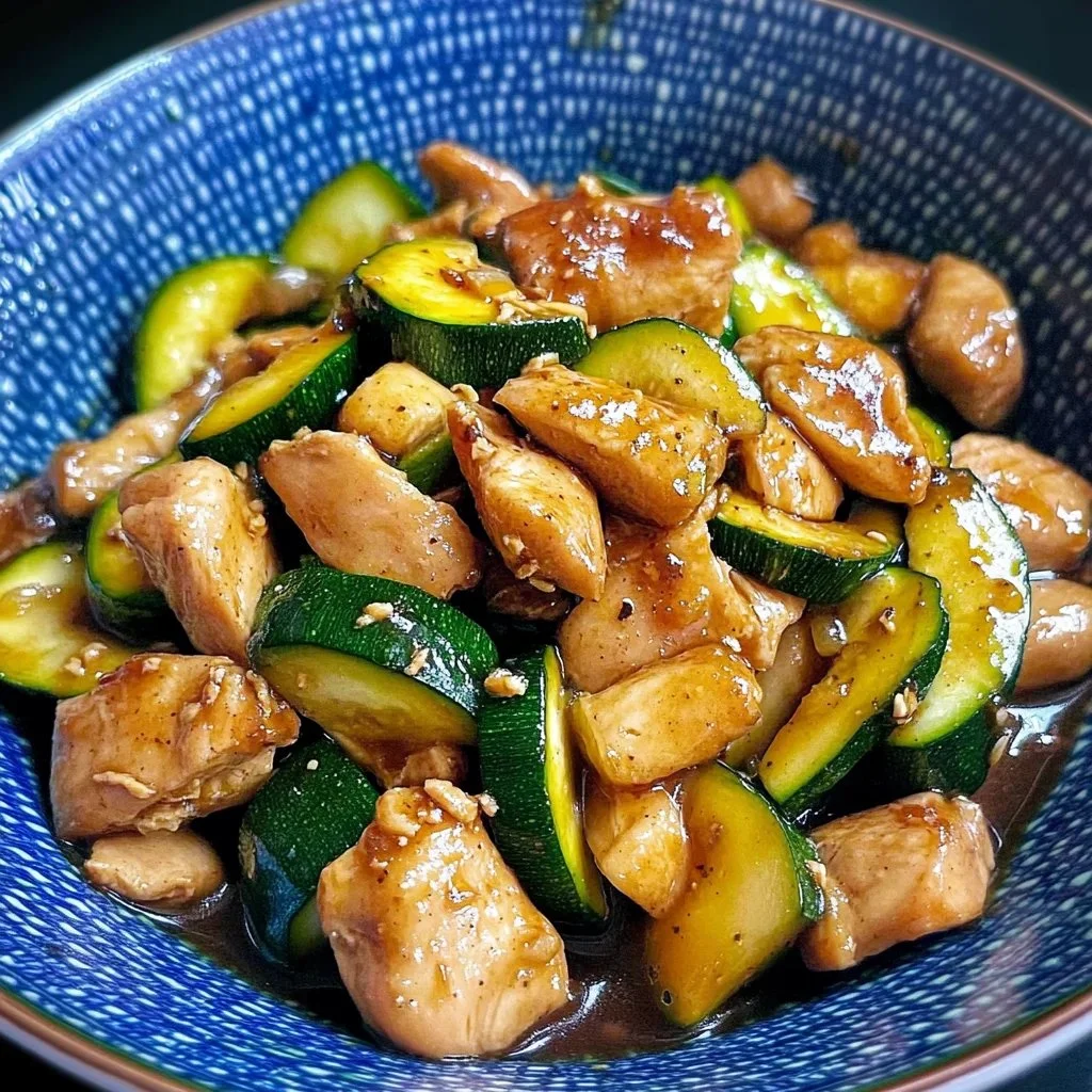 Delicious Chicken Zucchini Stir Fry served in a bowl on a wooden table