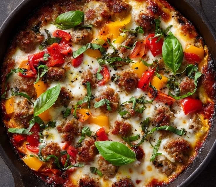 Crustless keto pizza bowl topped with cheese and vegetables