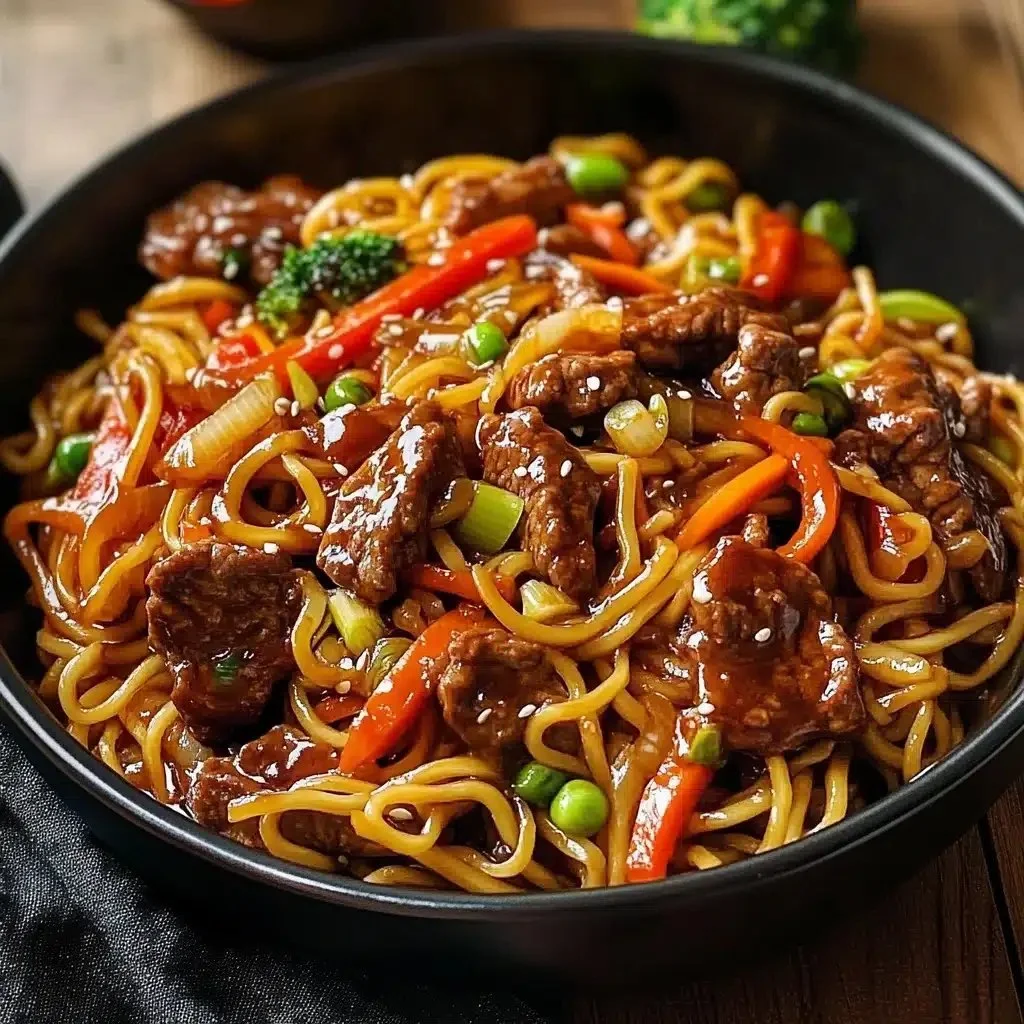 Easy 30-minute beef stir fry with noodles in a colorful bowl