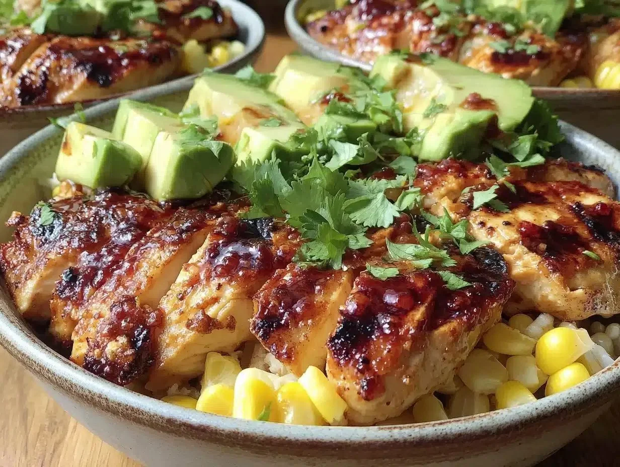Easy summer grilled chicken bowls with avocado and corn for meal prep