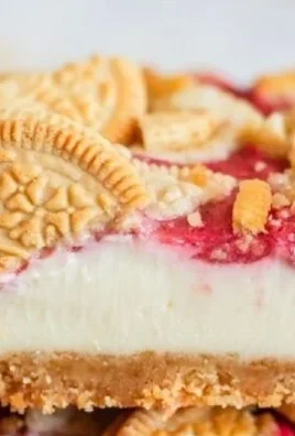 Golden Oreo Strawberry Cheesecake Bars topped with fresh strawberries.
