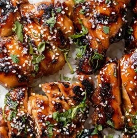 Delicious grilled Asian chicken garnished with fresh herbs and vegetables