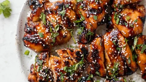 Delicious grilled Asian chicken garnished with fresh herbs and vegetables
