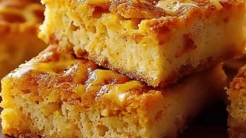 Delicious cottage cheese pumpkin cake bars topped with cream
