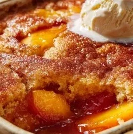 Homemade peach cobbler made using Joanna Gaines' recipe, served warm with ice cream.