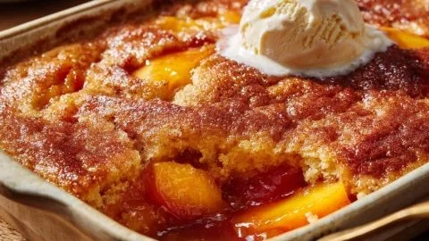 Homemade peach cobbler made using Joanna Gaines' recipe, served warm with ice cream.