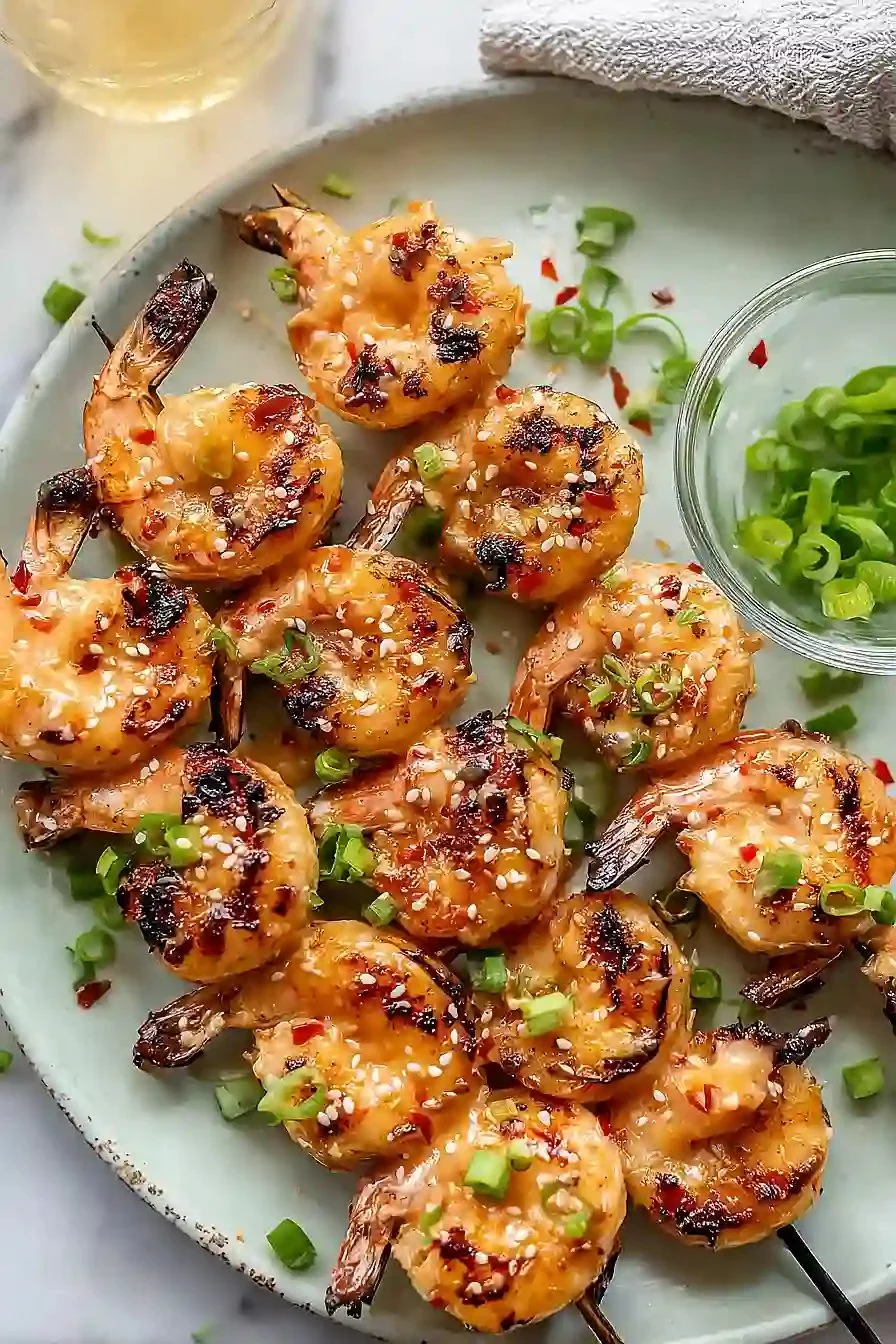 Juicy grilled Bang Bang Shrimp skewers served on a plate