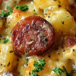 Delicious kielbasa sausage cheesy potato casserole in a baking dish