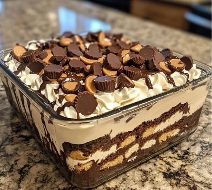 No-bake chocolate peanut butter dessert in a glass dish with chocolate drizzle