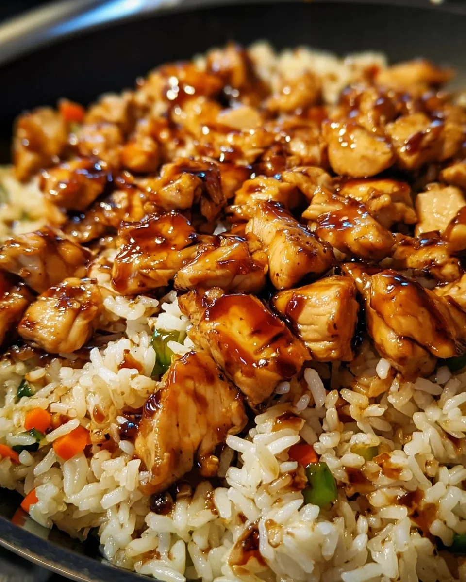 One-Pan Honey BBQ Chicken Rice dish with garnishes