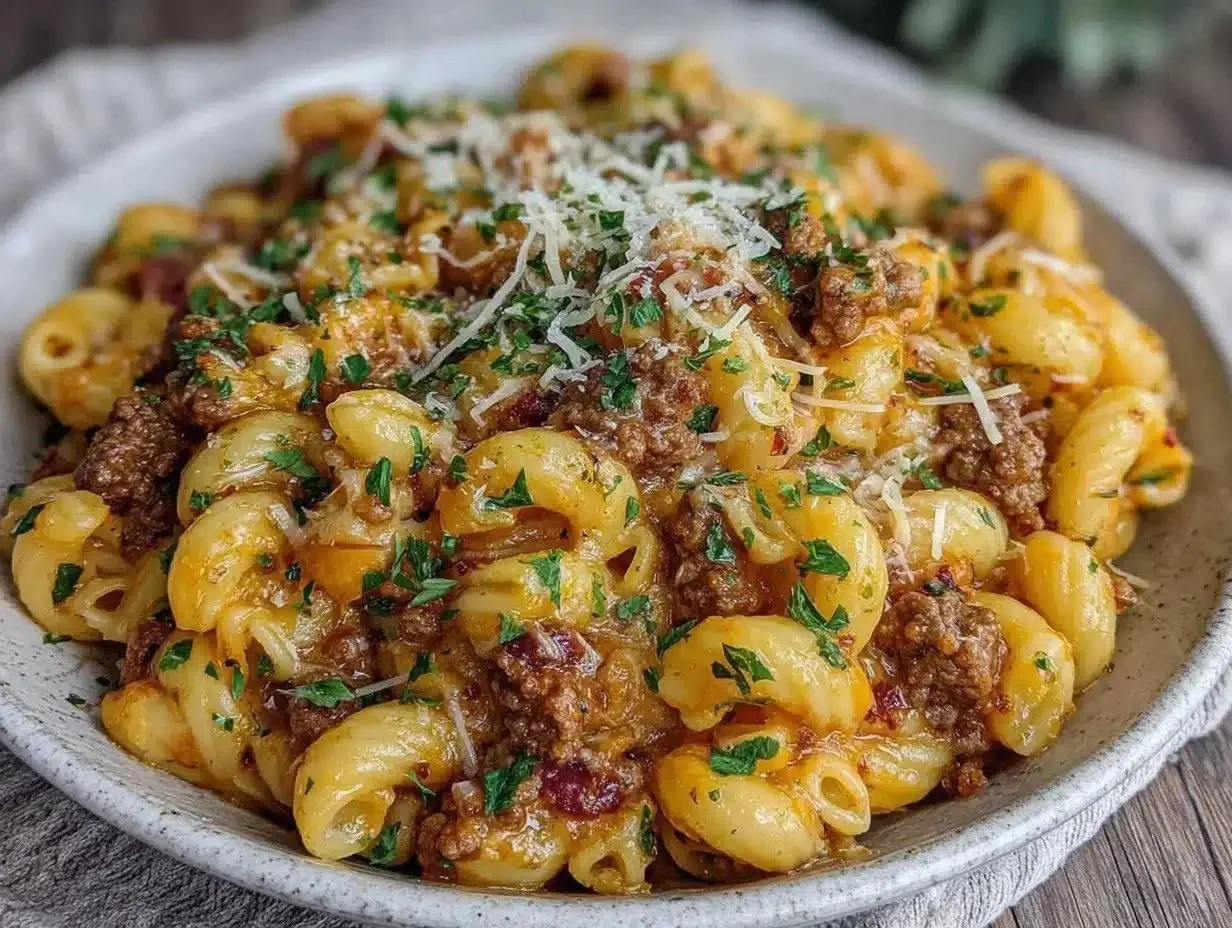 One-Pan Cheeseburger Macaroni dish served in a skillet