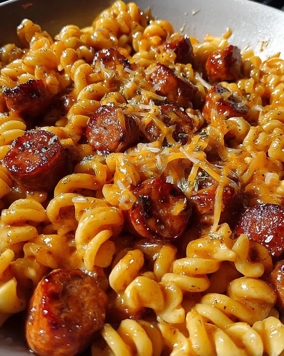 One-Pot Honey BBQ Sausage Pasta dish served in a bowl with fresh herbs
