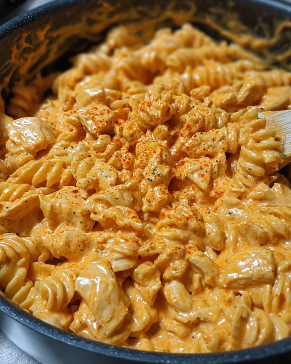 One-Pot Creamy Spicy Buffalo Chicken Pasta dish with vibrant colors