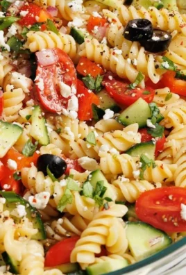 A vibrant and colorful pasta salad with various vegetables and dressing on a plate.