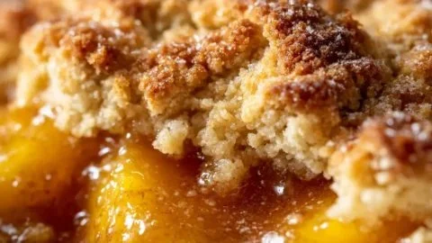 Delicious Paula Deen peach cobbler dessert served with ice cream