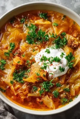 Bowl of traditional Polish cabbage soup with fresh vegetables and herbs