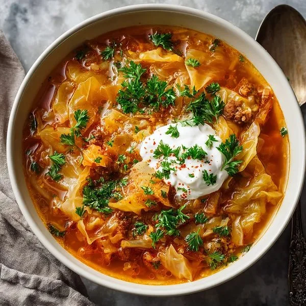 Bowl of traditional Polish cabbage soup with fresh vegetables and herbs